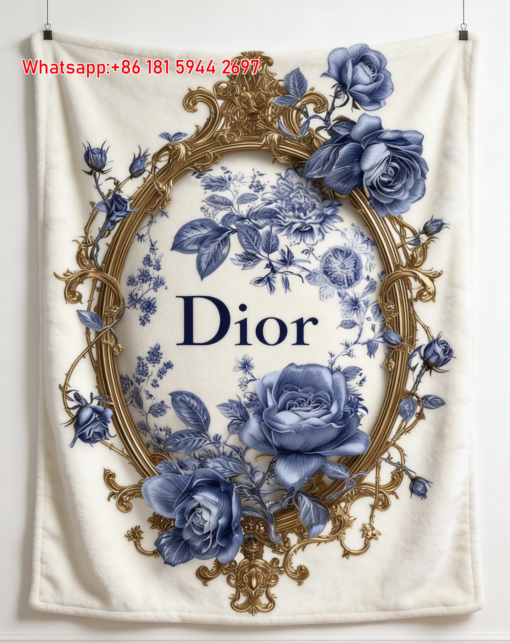 Dior Blue Rose Gold Frame Flannel Sofa Throw Blanket D373
